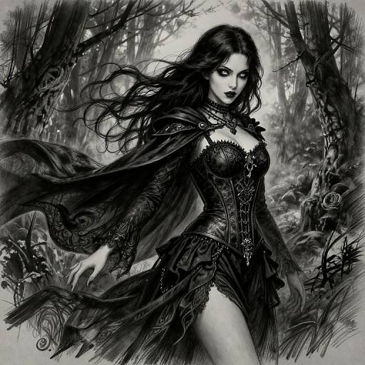 Monochrome digital drawing of a dark-haired, pale-skinned woman with gothic attire, lace corset, and flowing cape in a foreboding