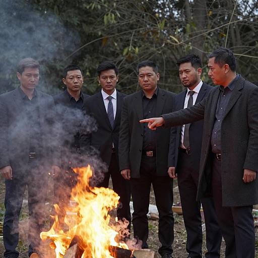 Men in Suits by the Smoky Fire