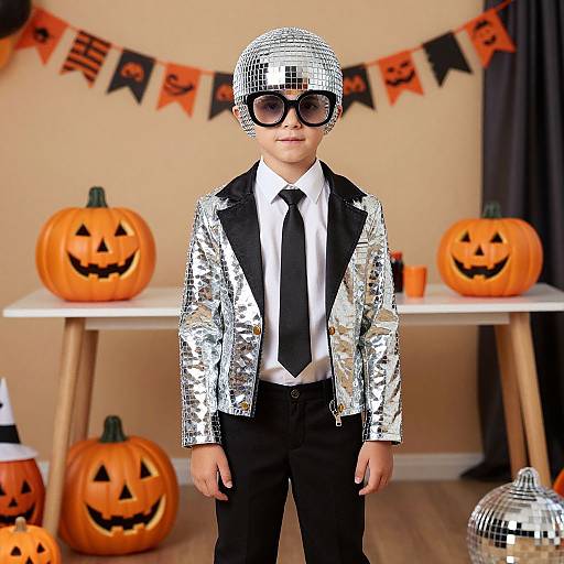 Photograph of a young boy in a silver sequined jacket, black tie, white shirt, and mirrored disco hat, standing in a Halloween-themed room
