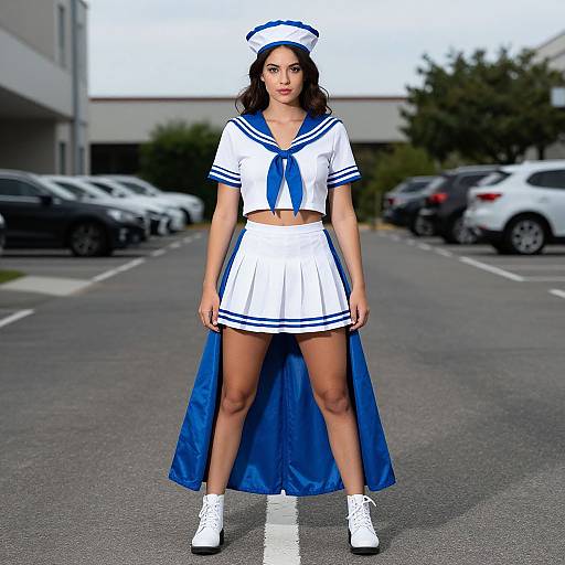 Photograph of a young woman in a white and blue sailor-style outfit with a matching hat and cape, standing in a parking lot. She has long
