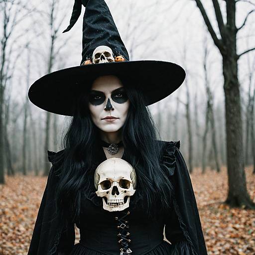 Photograph of a pale, black-clad woman with white face paint, dark eye makeup, and long black hair, wearing a skull-adorned