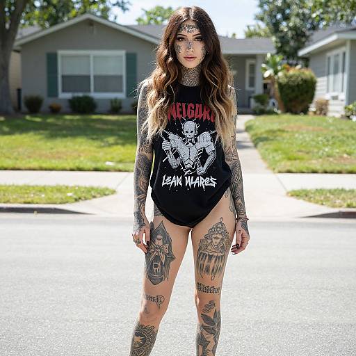Photograph of a heavily tattooed woman with long brown hair, wearing a black 