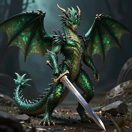 Emerald-Scaled Dragon-Boy with Sword