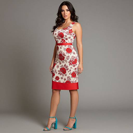 Photograph of a curvy woman with long black hair, wearing a white floral dress with red roses and red trim, standing against a gray background,