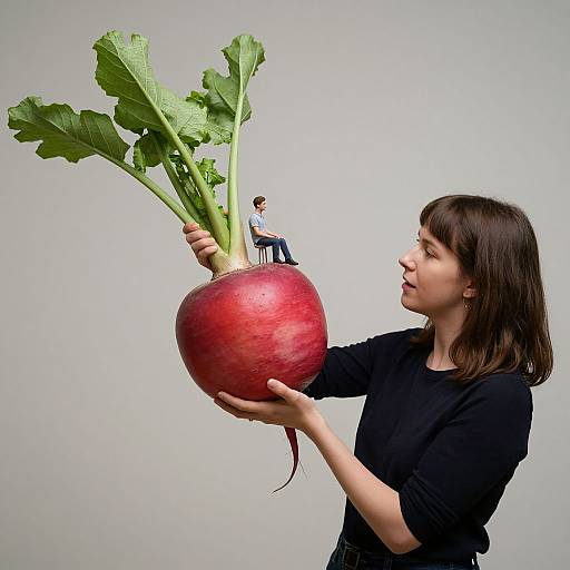 Photograph: Woman with dark brown hair in black shirt, holding giant red beetroot with tiny man sitting on top, green leaves, light gray background