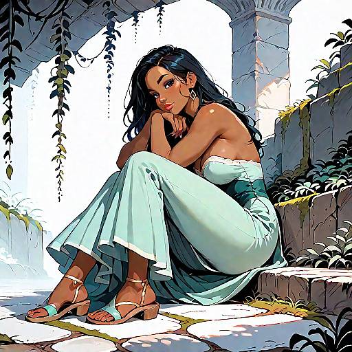 Woman in Strapless Maxi Dress on Mediterranean Steps