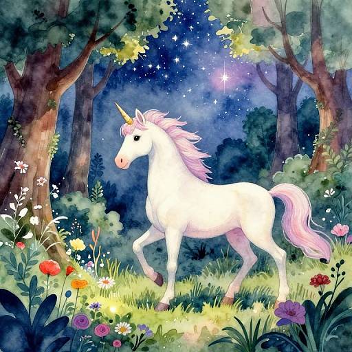 Whimsical watercolor painting of a white unicorn with a pink mane and tail, prancing through a colorful, starlit forest clearing filled with vibrant