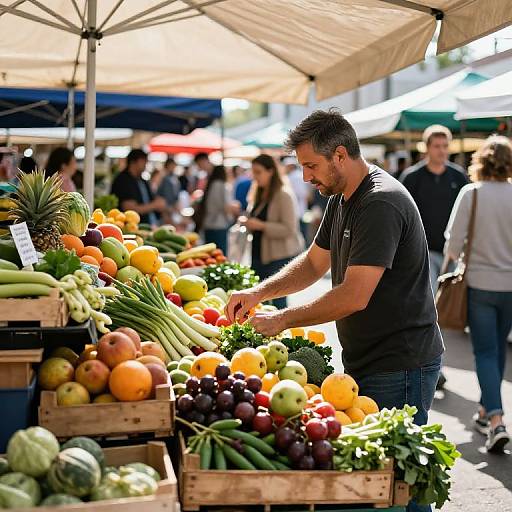 Photograph of a bearded man in a black t-shirt selecting colorful vegetables at a sunny outdoor market, surrounded by crates and other shoppers.