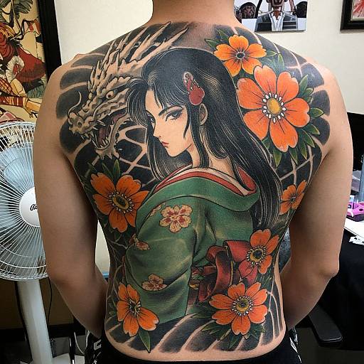 Tattooed back of an Asian man with vibrant orange flowers, a woman in a green kimono, and a dragon head on his upper back