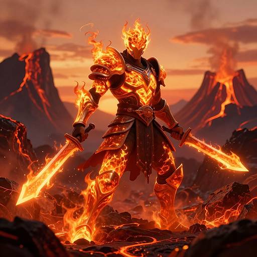 Digital artwork of a fiery armored warrior holding glowing swords, standing in a volcanic landscape with erupting mountains at sunset.