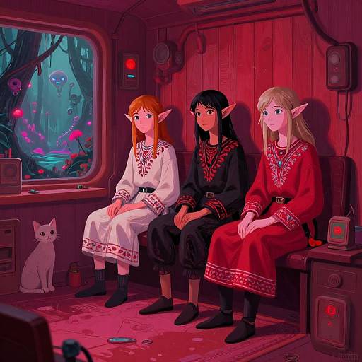 Digital drawing: Three elven women with pointed ears sit in a red-lit wooden train carriage, watching a mystical forest outside. One wears white,