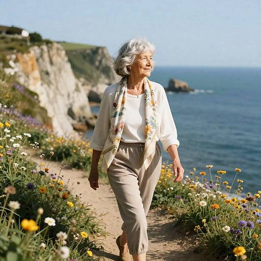 Graceful Elderly Woman on Sunlit Cliff