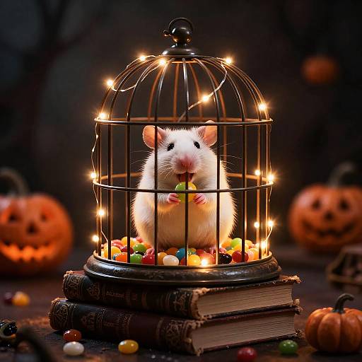 Fat Happy Rat in Glowing Birdcage