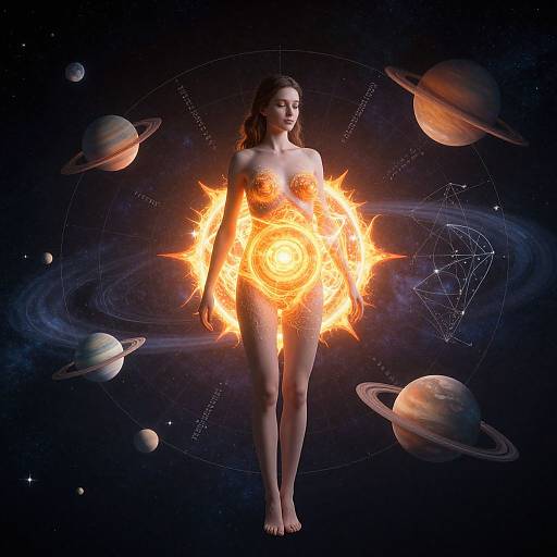 Digital artwork of a nude woman with fiery solar aura, surrounded by planets, against a dark cosmic background, with starry space and celestial maps.