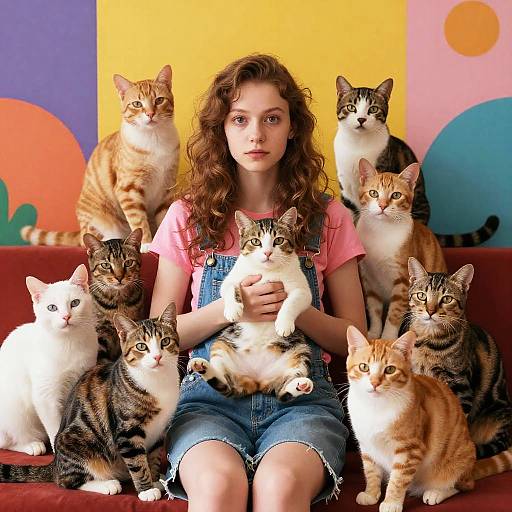 Girl Surrounded by Playful Cats