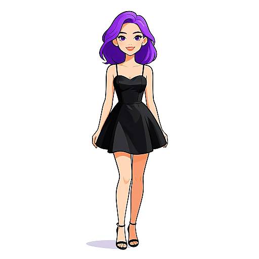 Digital anime-style drawing of a smiling woman with purple hair, wearing a black strapless dress, and black high heels, standing against a white background.