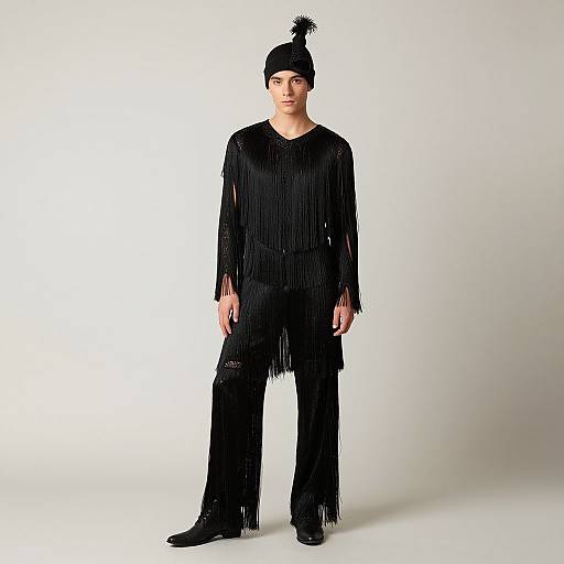 Photograph of a young woman standing against a white background, wearing a black fringed outfit with long sleeves, wide pants, and a black beanie