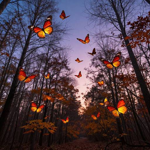 Photograph of a twilight forest with numerous glowing orange butterflies fluttering among tall, leafless trees, set against a vibrant purple and pink sky.