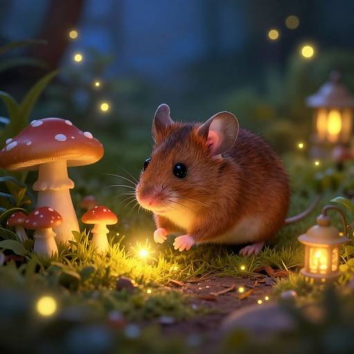 Photorealistic digital artwork of a cute, brown mouse with black eyes sitting on moss, surrounded by glowing fairy lights, and red-and-white mushrooms in