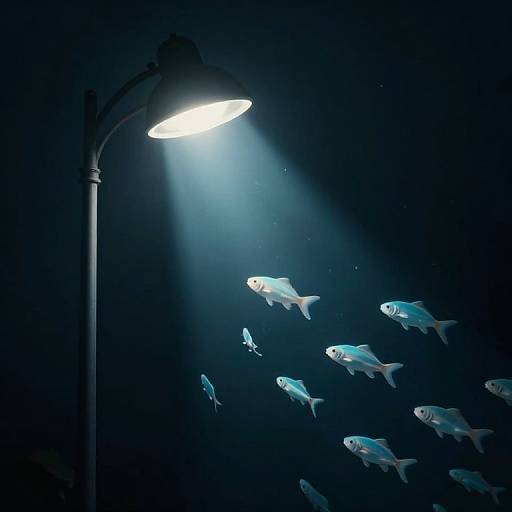 Photograph of a dark night scene with a glowing streetlamp illuminating a school of blue, bioluminescent fish swimming in deep blue water.