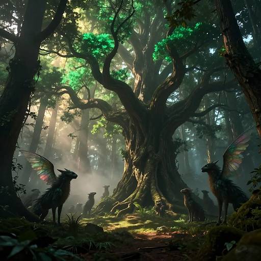 Digital fantasy artwork: Enchanted forest with radiant sunlight filtering through dense trees, silhouetted mythical creatures with colorful wings standing around a massive,