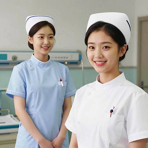 Photograph of two smiling Asian female nurses in a hospital room; one in light blue scrubs, the other in white uniform with cap.