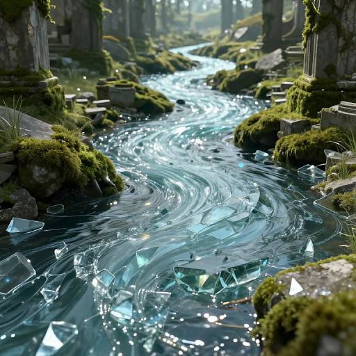 Digital artwork of a glowing, crystal-filled stream winding through a mossy, ancient ruins forest, with sunlight filtering through trees.