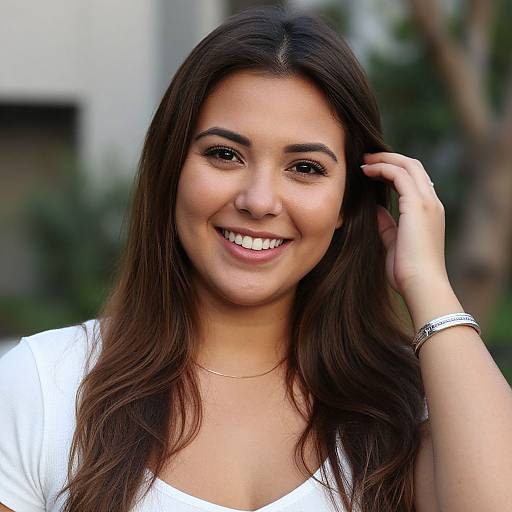 Photograph of a smiling young woman with long brown hair, wearing a white top, gold necklace, and silver bracelet, touching her hair. Blurred