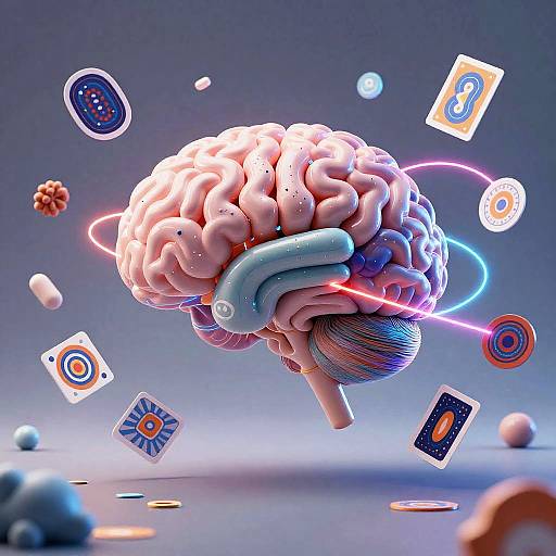 CGI image of a glowing, pink brain floating in a futuristic, blue-gray background with neon lights and floating digital icons.