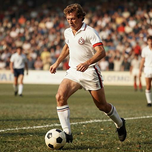 Photograph of a muscular male soccer player in white uniform with red trim, focused on dribbling a black-and-white soccer ball on a grass field,
