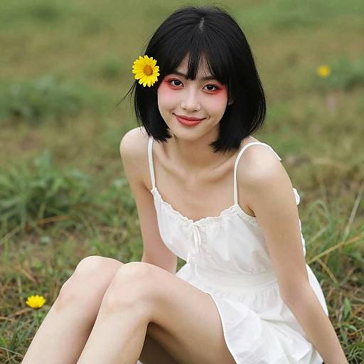 Young Woman in White Dress with Yellow Flower