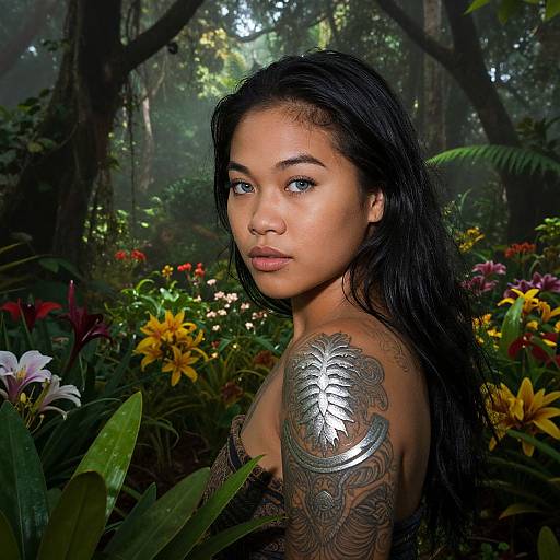 Photograph of a young woman with long black hair, dark skin, and blue eyes, showcasing a detailed feather tattoo on her right shoulder, standing in