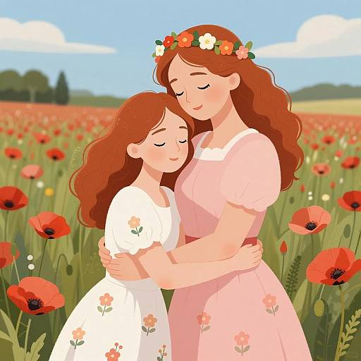 Embrace Among Poppies: A Serene Illustration