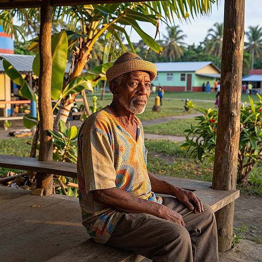 Photograph of an elderly Black man with gray beard, wearing a patterned shirt and brown hat, sitting on a wooden bench under a palm tree,