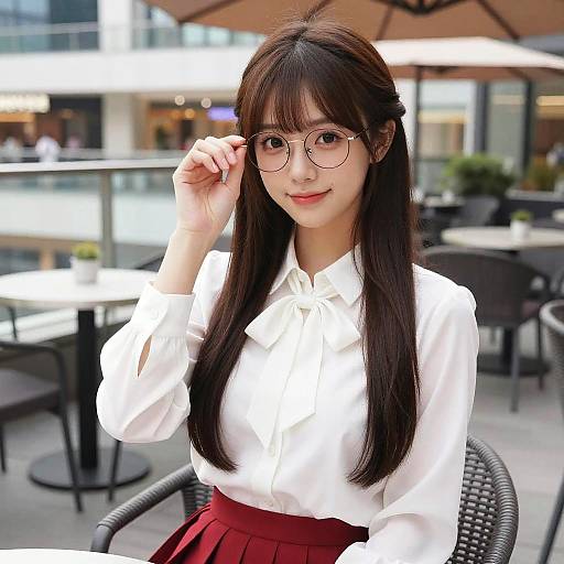 Photograph of an Asian woman with long black hair, wearing glasses, white blouse, and red skirt, smiling in an outdoor café.