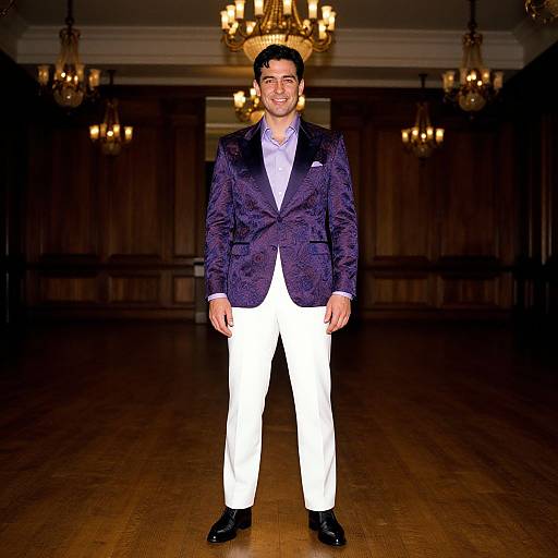 Man in Purple Patterned Suit in Elegant Ballroom
