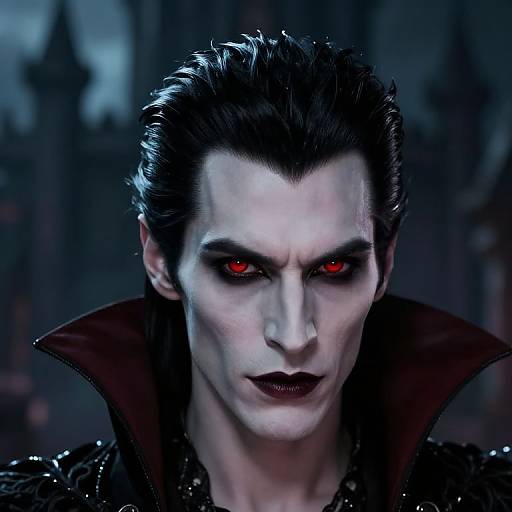CGI portrait of a pale, menacing vampire with dark slicked-back hair, red glowing eyes, and a high-collared black jacket, set