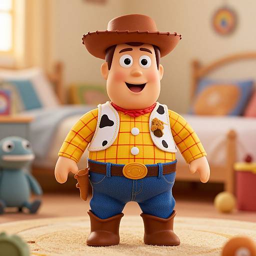 CGI image of Woody's Toy Story character Jessie's cousin, a cheerful cowboy with a brown hat, yellow plaid shirt, and blue jeans,