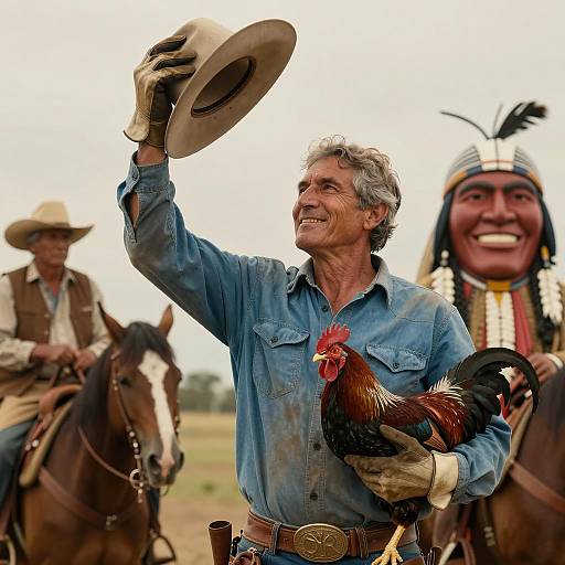 Smiling Cowboy Holding Rooster