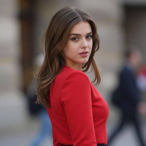 Photograph of a young woman with fair skin and brown hair, wearing a red long-sleeve top, looking over her shoulder in an urban background