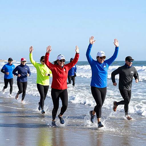 Photograph of six runners in colorful athletic gear, joyfully running in shallow ocean waves on a sunny beach. Arms raised, splashing water, bright