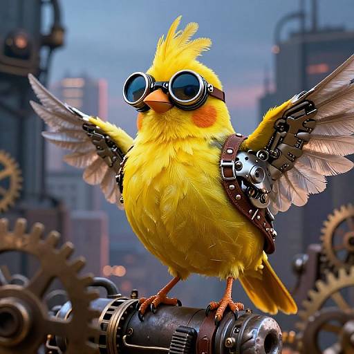 Digital art of a yellow bird with steampunk goggles, mechanical wings, and brown leather harness perched on a gear in a blurred industrial cityscape