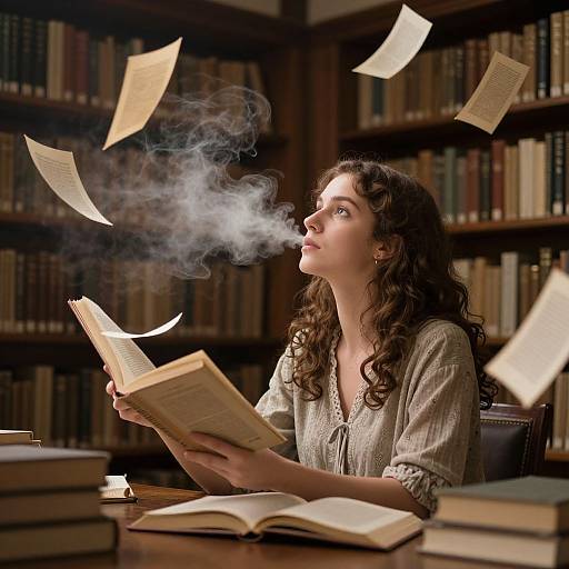 Photograph of a curly-haired woman in a library, smoking from an open book, surrounded by floating papers and books.
