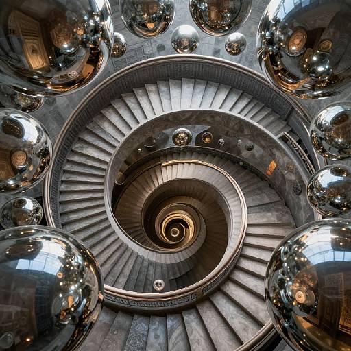 Photograph of a spiral staircase with reflective silver spheres on the railing, creating a mirrored, mesmerizing pattern. The staircase has worn, gray stone steps