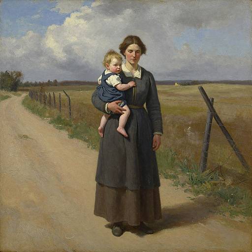 Oil painting of a dark-haired woman in a black dress holding a blonde toddler in blue clothes on a rural dirt path.