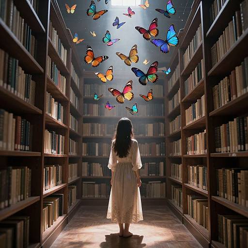 Photograph of a girl in a white dress standing in a library aisle with colorful butterflies floating above her head.