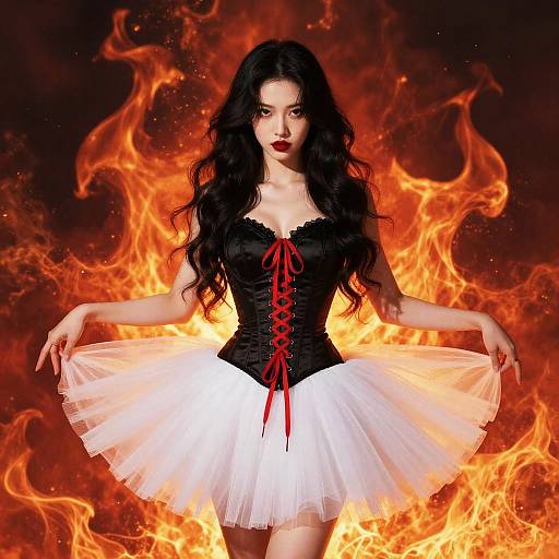 Digital art of a dark-haired, pale-skinned woman with red lips, wearing a black corset and white tutu, standing in front of intense