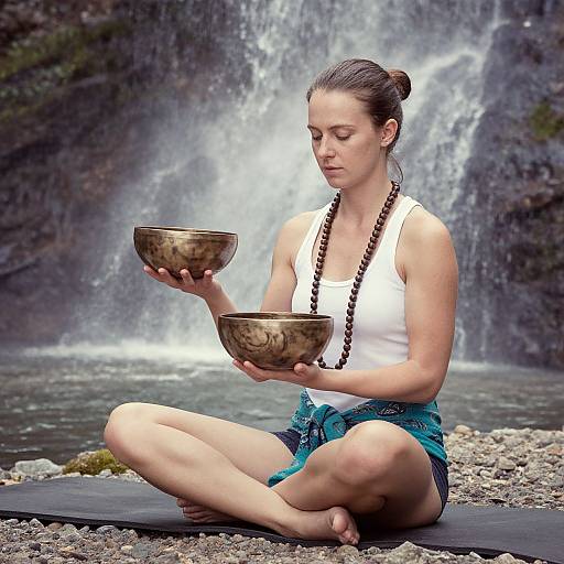 Photograph of a brunette woman with fair skin, wearing a white tank top and blue shorts, meditating by a waterfall, holding two brown ceramic bowls