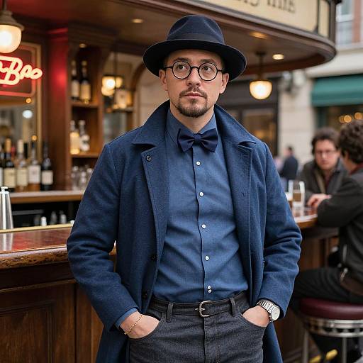 Photograph of a stylish man in a navy fedora, round glasses, blue shirt, bow tie, and coat, standing at a bar.