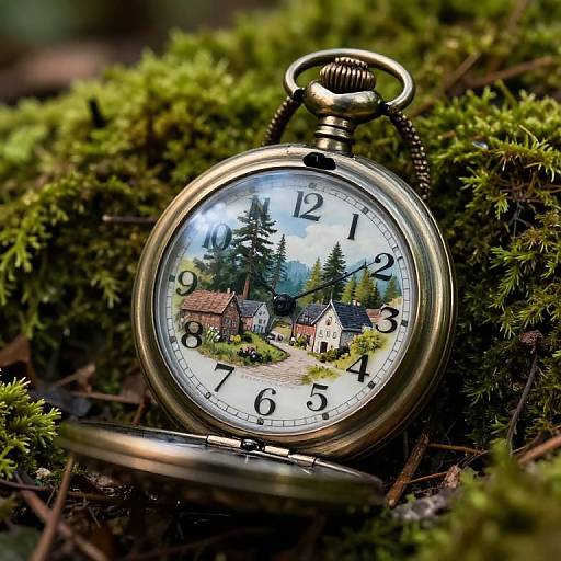 Photograph of a vintage silver pocket watch with a reflective glass face showing a picturesque village scene, lying on lush green moss.